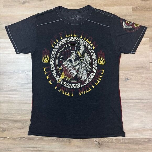 Affliction Men's L Short Sleeve Graphic Tee Live Fast Motors Distressed Black - Picture 1 of 5